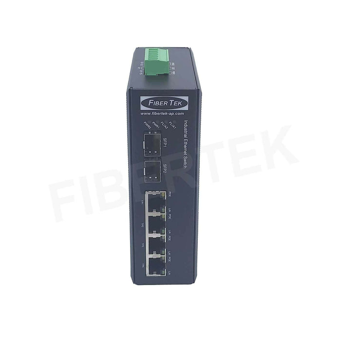 Front panel view of FCNID-4GP-2GS Industrial PoE Ethernet to Fiber media converter