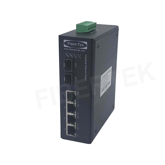 Left side view of FCNID-4GP-2GS Industrial PoE Ethernet to Fiber media converter